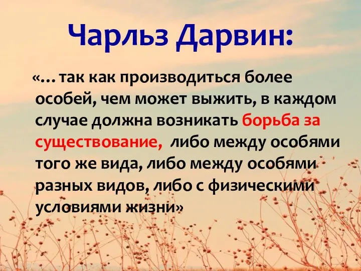 Чарльз Дарвин: «…так как производиться более особей, чем может выжить,