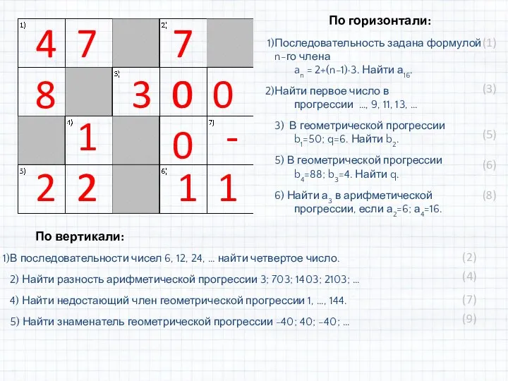 По горизонтали: Последовательность задана формулой n-го члена an = 2+(n-1)·3.