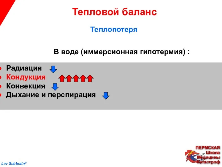 Lev Subbotin© Тепловой баланс Радиация Кондукция Конвекция Дыхание и перспирация В воде (иммерсионная гипотермия) : Теплопотеря