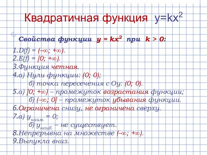 Свойства функции y = kx2 при k > 0: D(f) = (–∞; +∞).