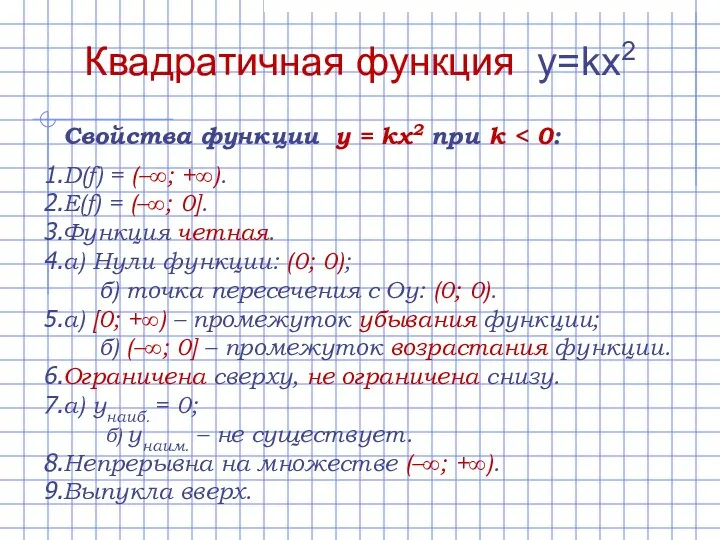 Свойства функции y = kx2 при k D(f) = (–∞; +∞). E(f) =