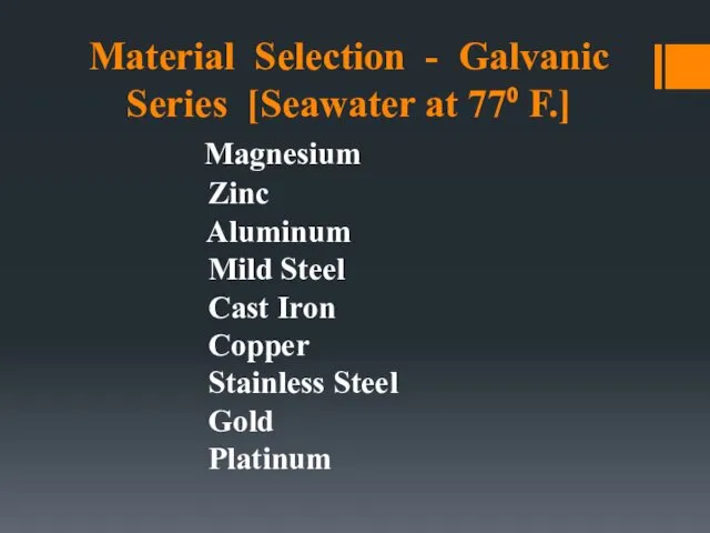 Material Selection - Galvanic Series [Seawater at 77⁰ F.] Magnesium