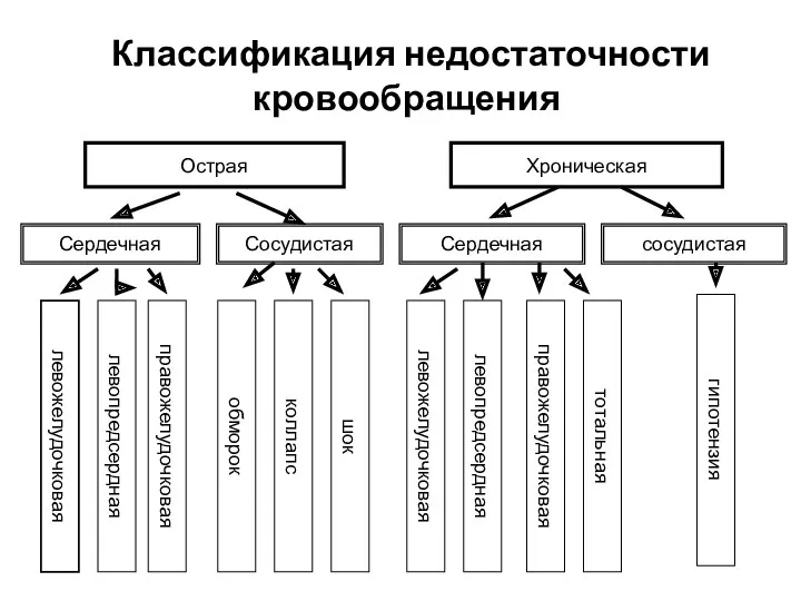 Классификация недостаточности кровообращения Острая Хроническая Сердечная Сосудистая Сердечная сосудистая левожелудочковая