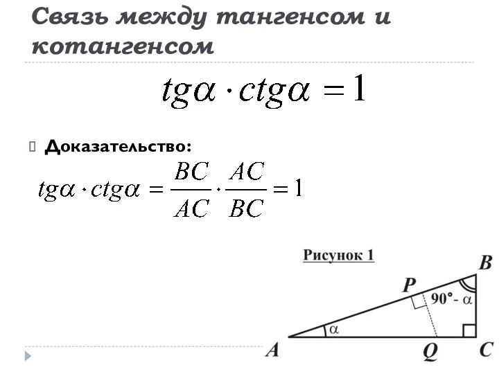 Связь между тангенсом и котангенсом Доказательство: