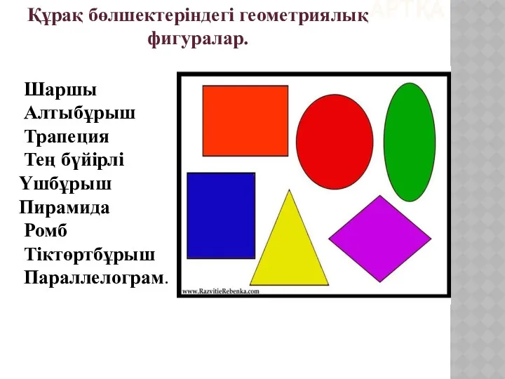 Құрақ бөлшектеріндегі геометриялық фигуралар. АРТҚА Шаршы Алтыбұрыш Трапеция Тең бүйірлі Үшбұрыш Пирамида Ромб Тіктөртбұрыш Параллелограм.