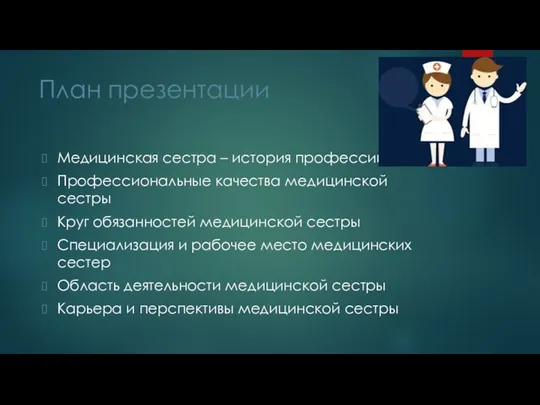 План презентации Медицинская сестра – история профессии Профессиональные качества медицинской