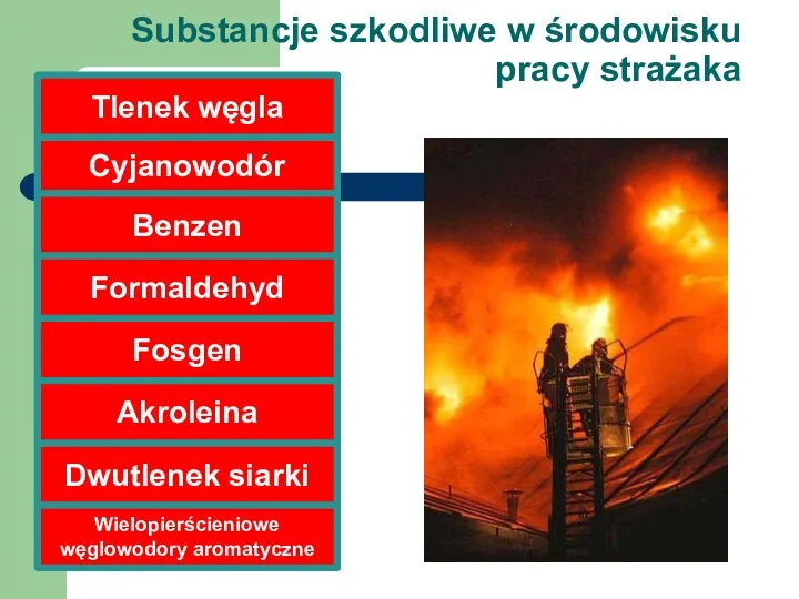 Substancje szkodliwe w środowisku pracy strażaka Tlenek węgla Cyjanowodór Benzen