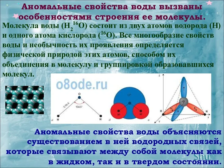 Молекула воды (H216O) состоит из двух атомов водорода (H) и