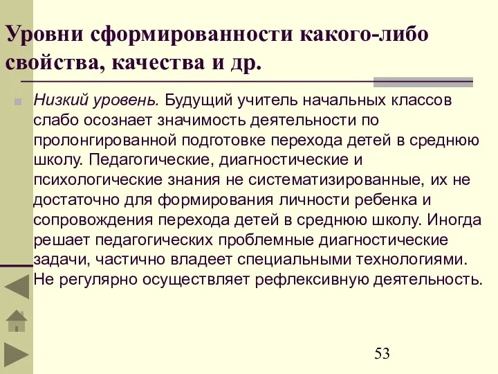 Уровни сформированности какого-либо свойства, качества и др. Низкий уровень. Будущий