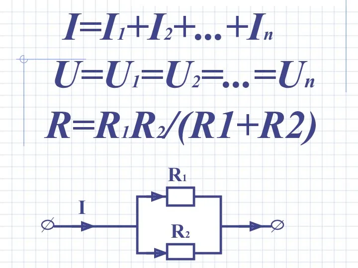 I=I1+I2+...+In U=U1=U2=...=Un R=R1R2/(R1+R2) R1 R2 I