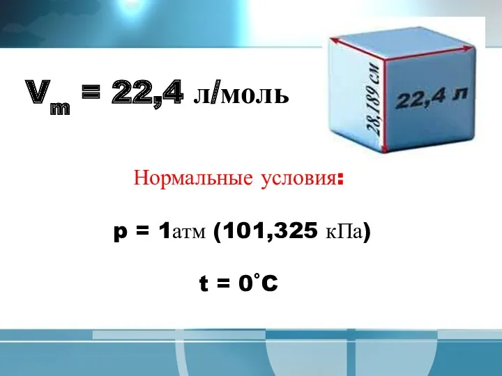 Нормальные условия: p = 1атм (101,325 кПа) t = 0˚C Vm = 22,4 л/моль