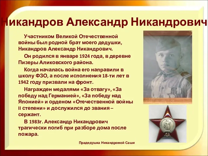 Никандров Александр Никандрович Участником Великой Отечественной войны был родной брат