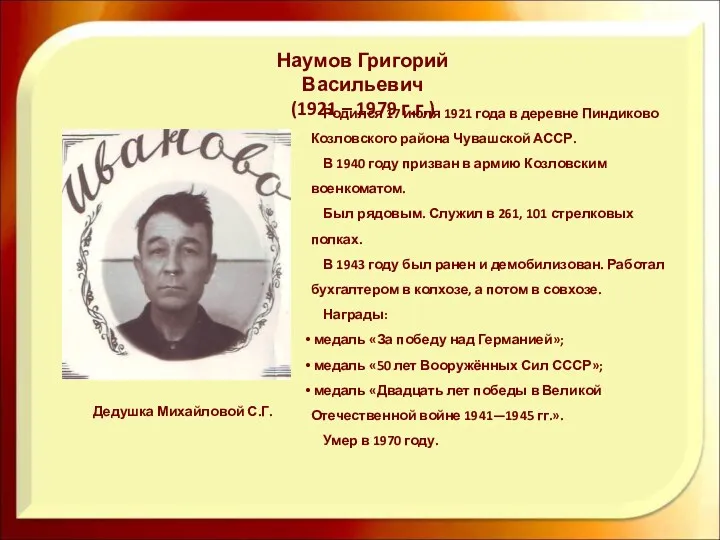 Наумов Григорий Васильевич (1921 – 1979 г.г.) Родился 17 июля