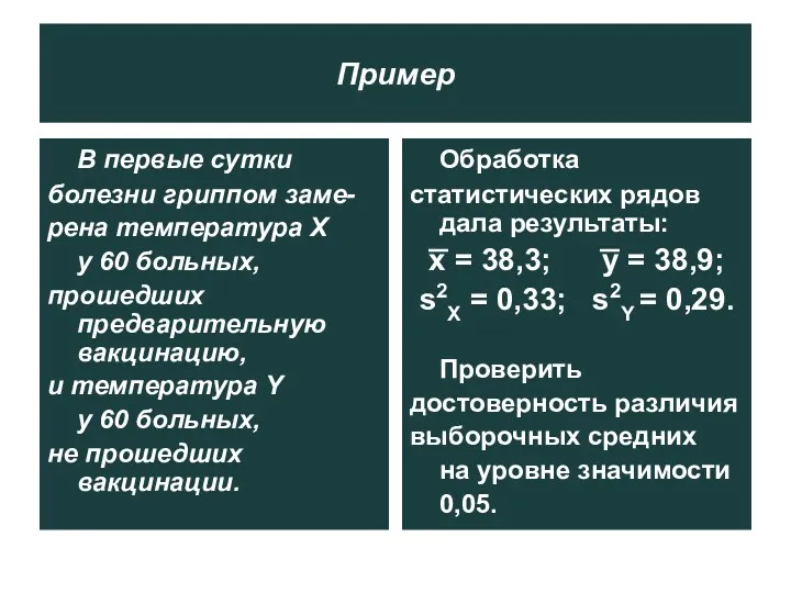 Пример В первые сутки болезни гриппом заме- рена температура Х