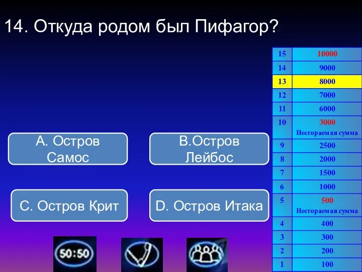 14. Откуда родом был Пифагор? В.Остров Лейбос А. Остров Самос С. Остров Крит D. Остров Итака