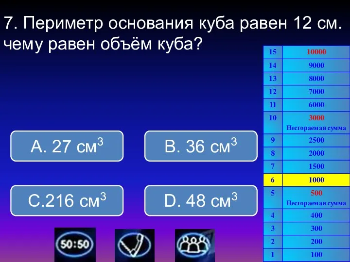 7. Периметр основания куба равен 12 см. чему равен объём