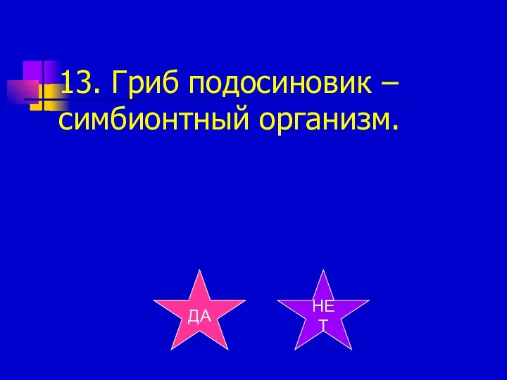 13. Гриб подосиновик – симбионтный организм. ДА НЕТ