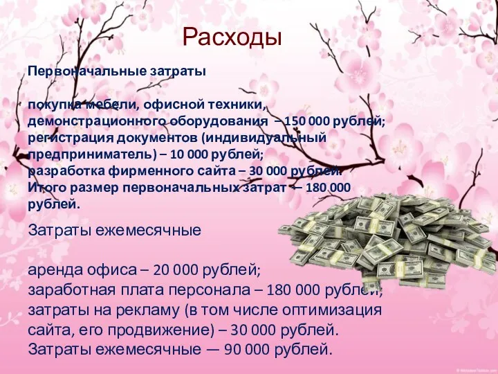Первоначальные затраты покупка мебели, офисной техники, демонстрационного оборудования – 150 000 рублей; регистрация