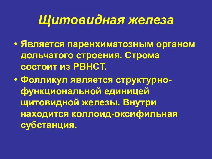 Щитовидная железа Является паренхиматозным органом дольчатого строения. Строма состоит из