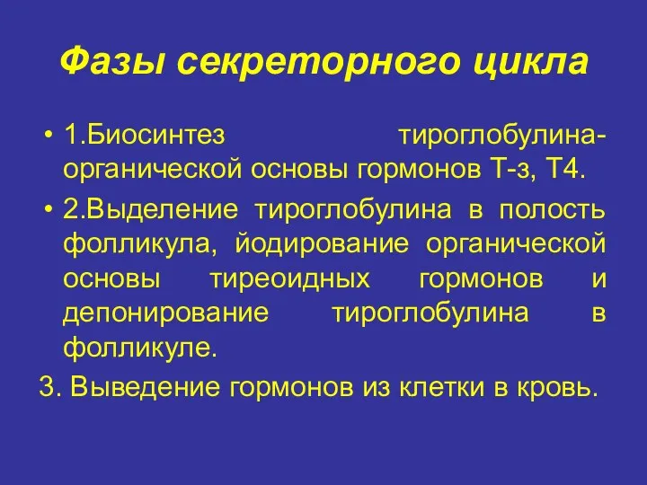 Фазы секреторного цикла 1.Биосинтез тироглобулина-органической основы гормонов Т-з, Т4. 2.Выделение