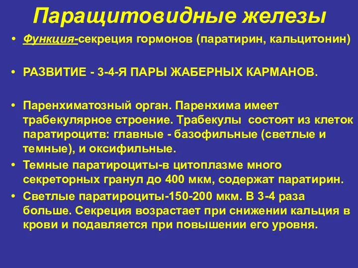 Паращитовидные железы Функция-секреция гормонов (паратирин, кальцитонин) РАЗВИТИЕ - 3-4-Я ПАРЫ