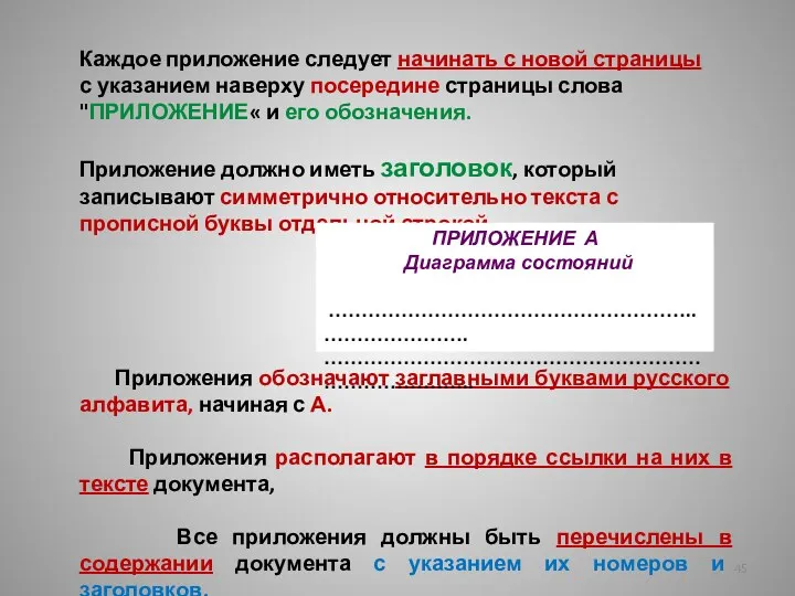 Приложения обозначают заглавными буквами русского алфавита, начиная с А. Приложения