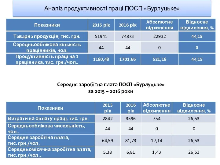 Аналіз продуктивності праці ПОСП «Бурлуцьке» Середня заробітна плата ПОСП «Бурлуцьке» за 2015 – 2016 роки