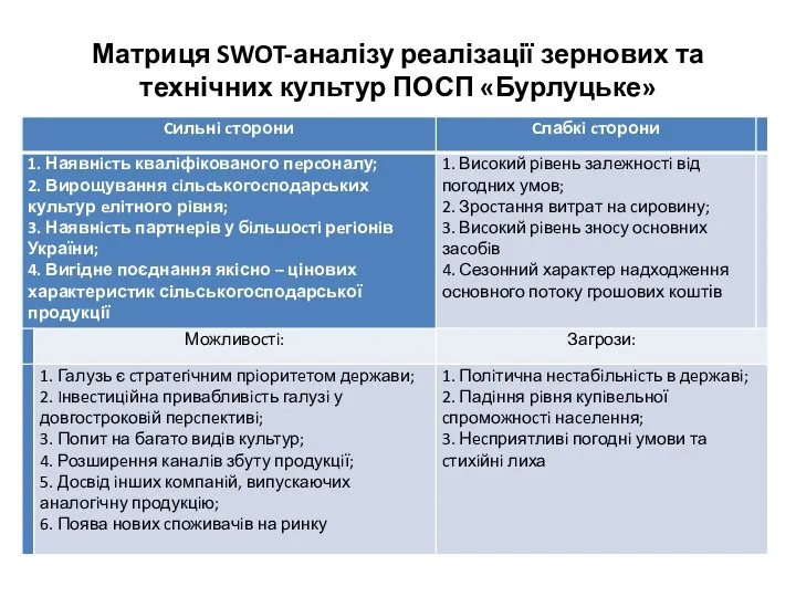 Матриця SWOT-аналізу реалізації зернових та технічних культур ПОСП «Бурлуцьке»