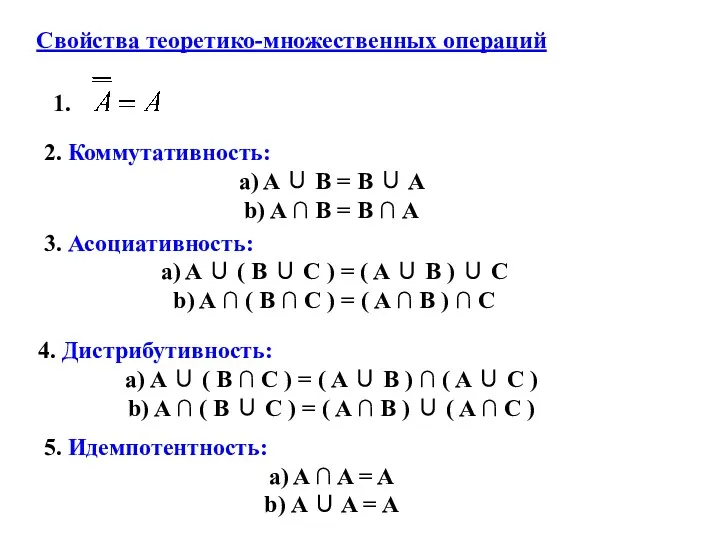 Свойства теоретико-множественных операций 2. Коммутативность: a) A ∪ B =