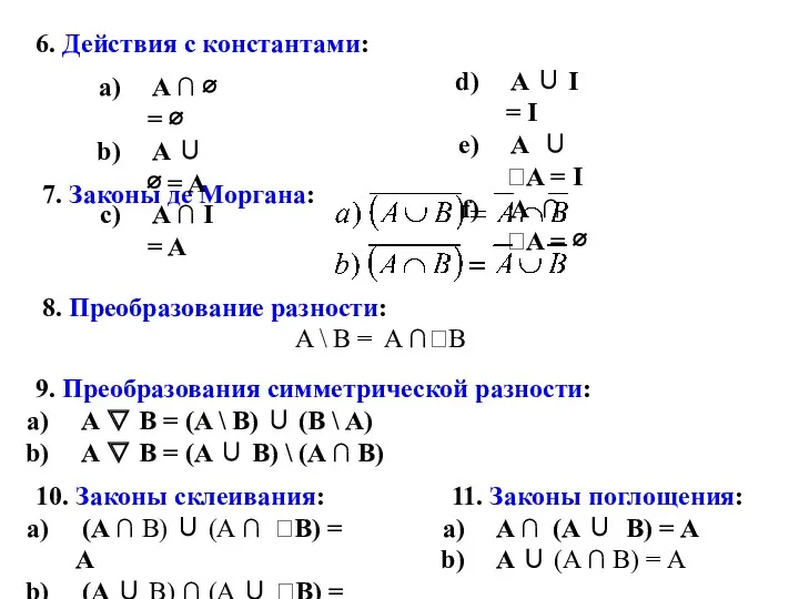 6. Действия с константами: 7. Законы де Моргана: 8. Преобразование