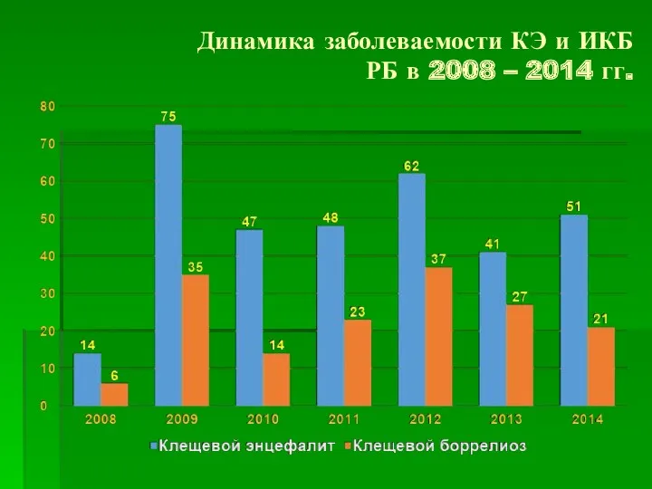 Динамика заболеваемости КЭ и ИКБ РБ в 2008 – 2014 гг.