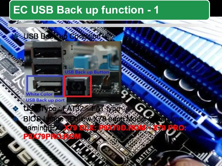 USB Back up Condition USB Type : FAT32、FAT type BIOS