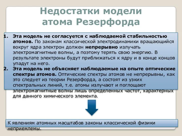 Недостатки модели атома Резерфорда Эта модель не согласуется с наблюдаемой