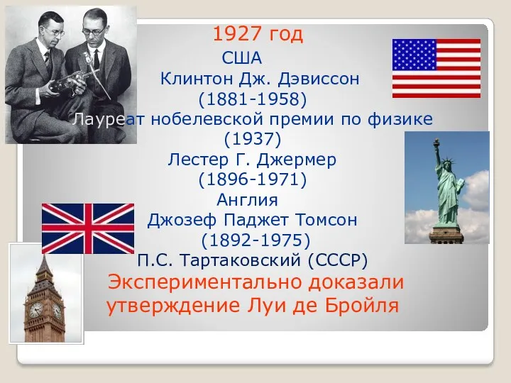 1927 год США Клинтон Дж. Дэвиссон (1881-1958) Лауреат нобелевской премии