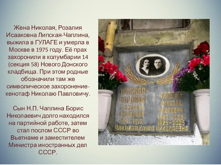Жена Николая, Розалия Исааковна Липская-Чаплина, выжила в ГУЛАГЕ и умерла в Москве в