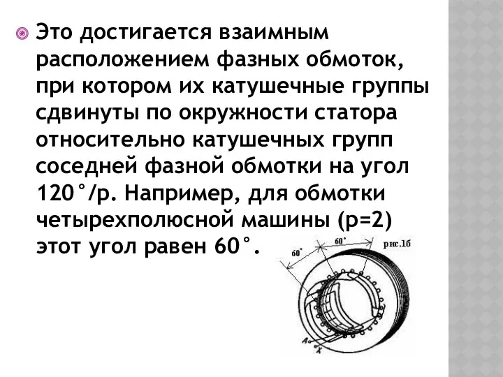 Это достигается взаимным расположением фазных обмоток, при котором их катушечные