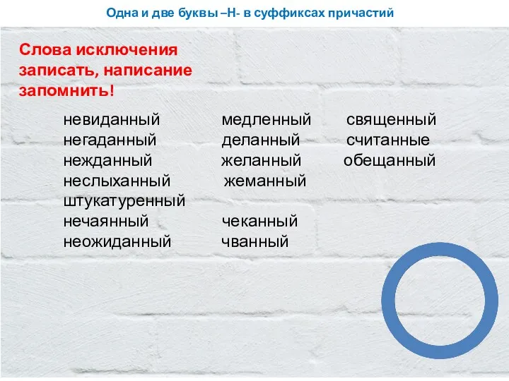 Одна и две буквы –Н- в суффиксах причастий Слова исключения