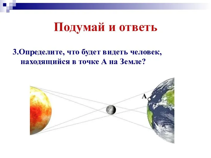 Подумай и ответь 3.Определите, что будет видеть человек, находящийся в точке А на Земле?