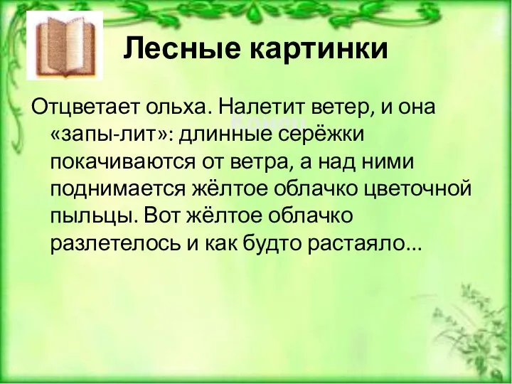 Лесные картинки Отцветает ольха. Налетит ветер, и она «запы-лит»: длинные