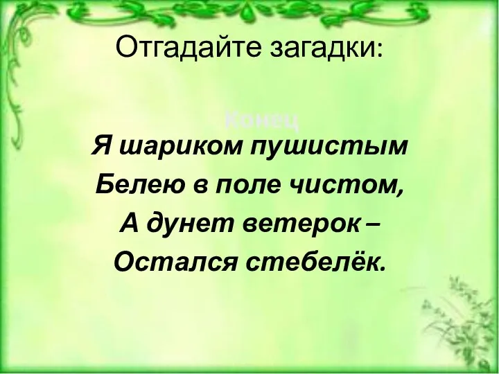 Отгадайте загадки: Я шариком пушистым Белею в поле чистом, А дунет ветерок – Остался стебелёк.