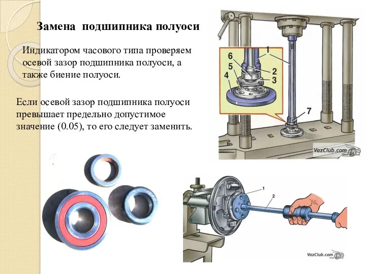 Замена подшипника полуоси Индикатором часового типа проверяем осевой зазор подшипника