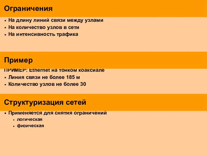 Ограничения На длину линий связи между узлами На количество узлов