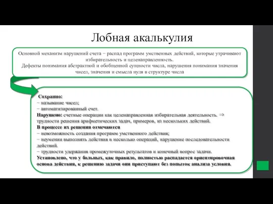 Лобная акалькулия Сохранно: − называние чисел; − автоматизированный счет. Нарушено: