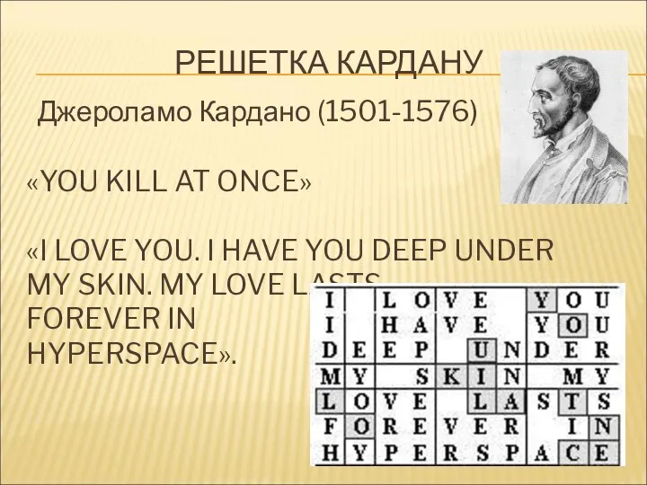 РЕШЕТКА КАРДАНУ Джероламо Кардано (1501-1576) «YOU KILL AT ONCE» «I LOVE YOU. I