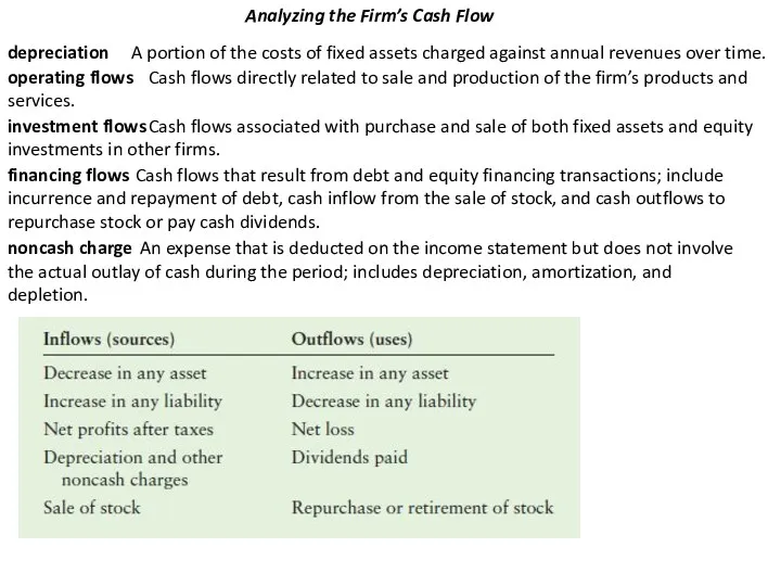 Analyzing the Firm’s Cash Flow depreciation A portion of the costs of fixed