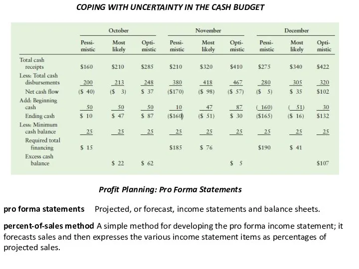 COPING WITH UNCERTAINTY IN THE CASH BUDGET Profit Planning: Pro Forma Statements pro