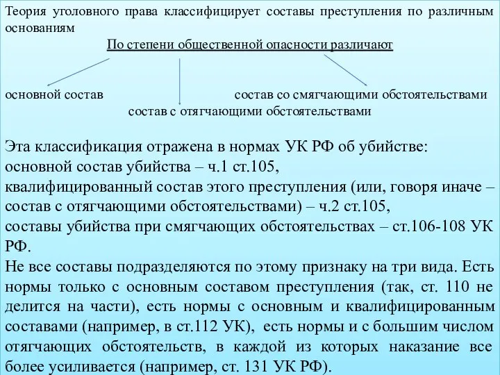 Теория уголовного права классифицирует составы преступления по различным основаниям По