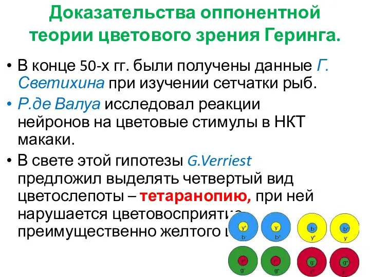 Доказательства оппонентной теории цветового зрения Геринга. В конце 50-х гг.