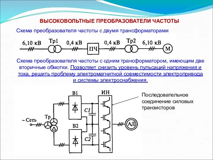 ВЫСОКОВОЛЬТНЫЕ ПРЕОБРАЗОВАТЕЛИ ЧАСТОТЫ Схема преобразователя частоты с двумя трансформаторами Схема преобразователя частоты с