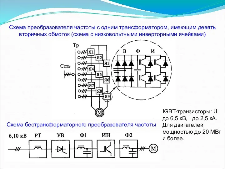 Схема преобразователя частоты с одним трансформатором, имеющим девять вторичных обмоток (схема с низковольтными